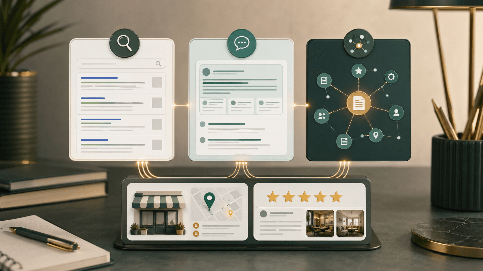 Vergleich von SEO, AEO und GEO als visuelle Such- und Antwortarchitektur