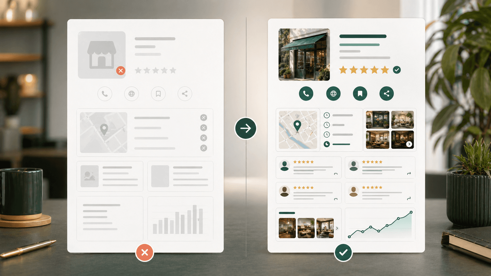 Vorher-Nachher Visualisierung eines optimierten Google Business Profile mit Fotos, Bewertungen und Insights