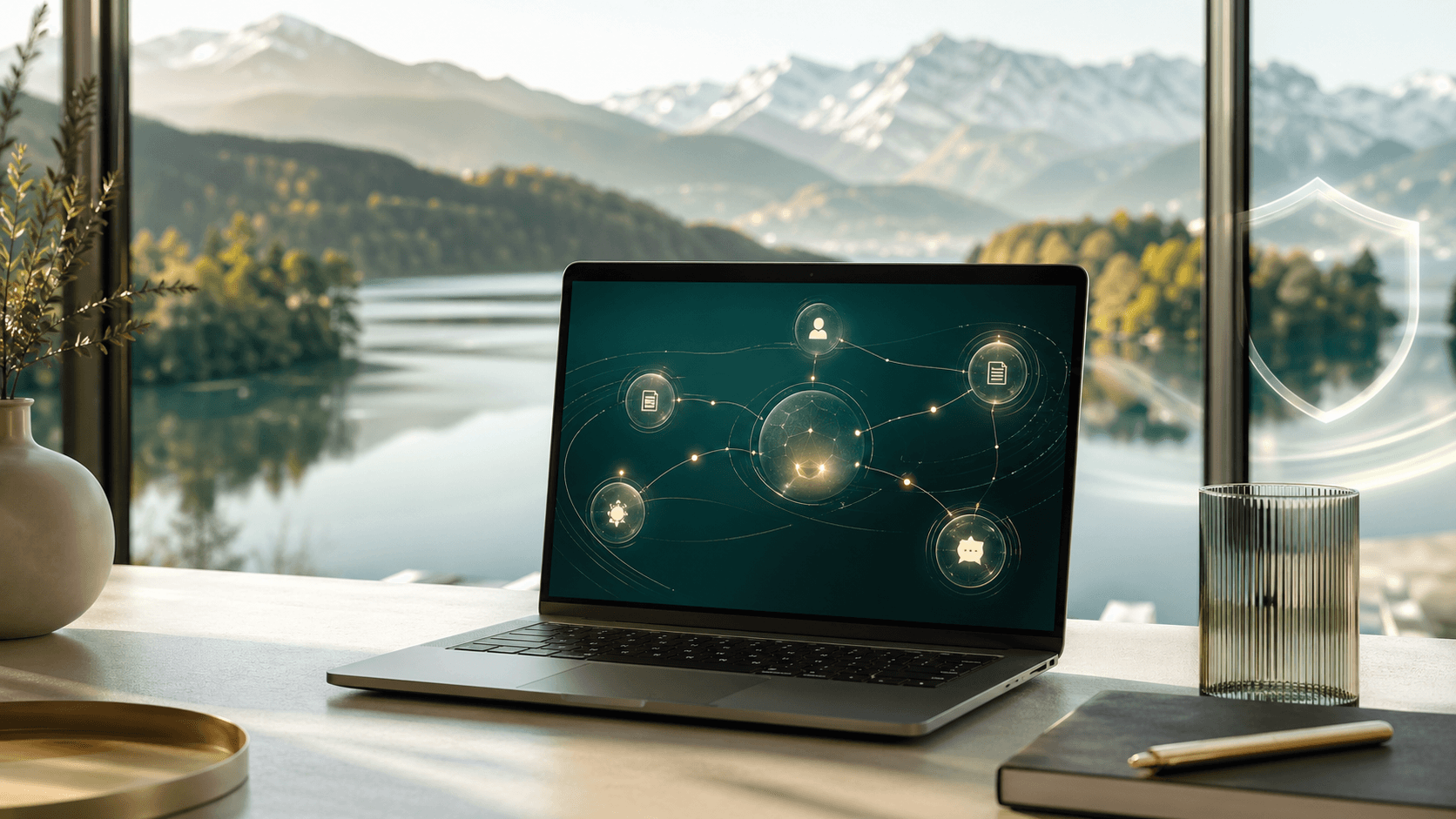 Sichere KI-Agenten für Kärntner KMU mit Laptop, Agentennetzwerk und Sicherheitsvisualisierung