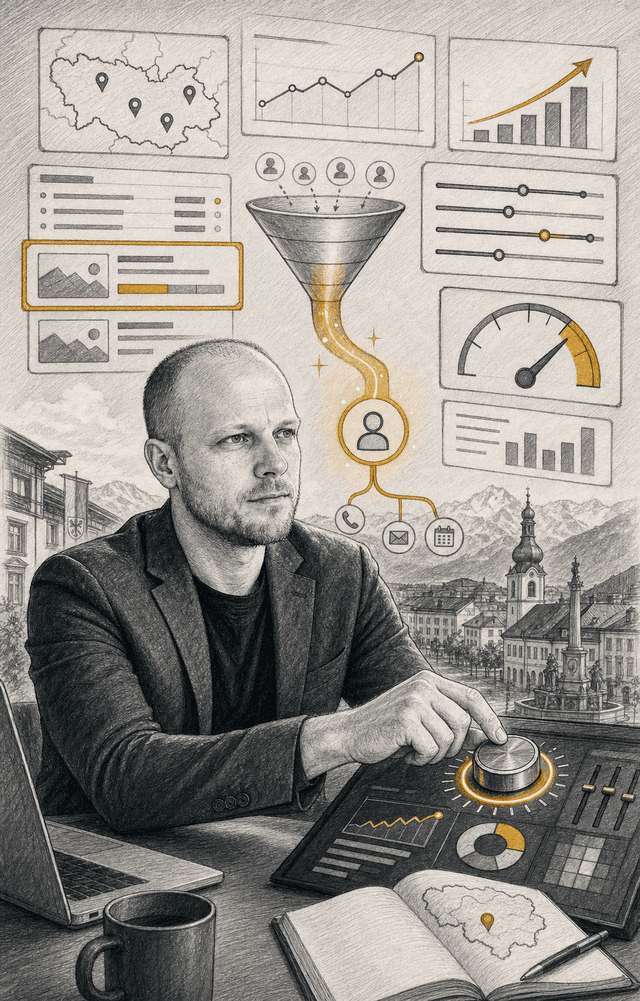 Handgezeichnetes Comic-Visual von Patric Jauker als Google-Ads-Berater mit Kampagnen-Dashboard