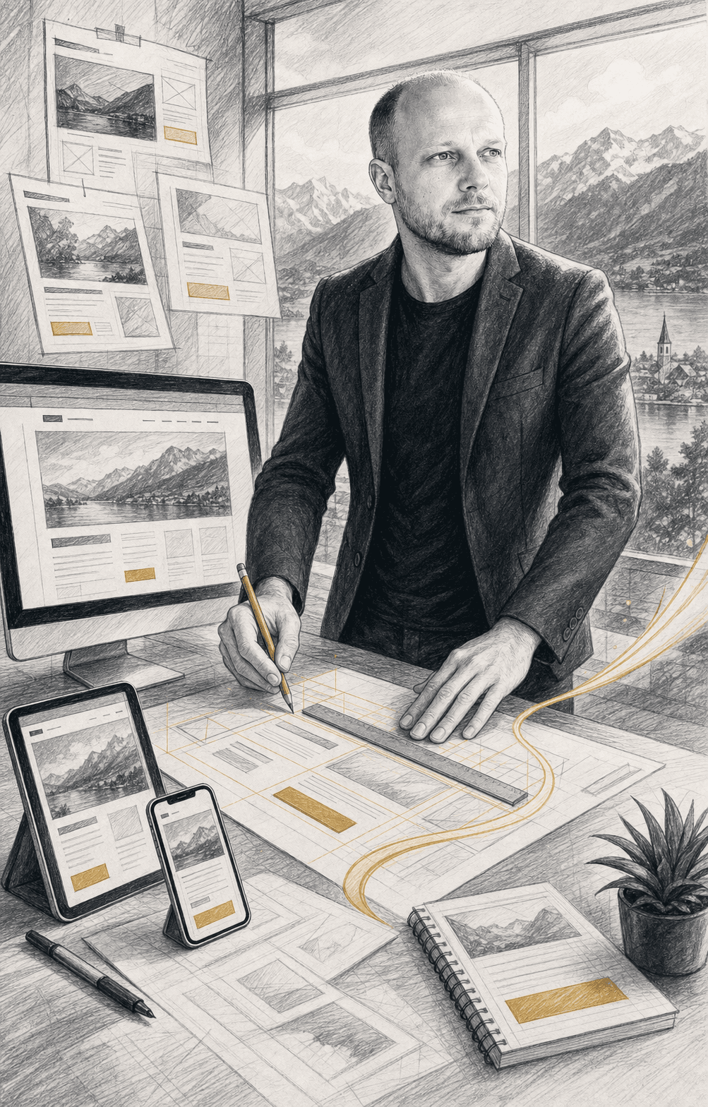 Modello integrato di web design: hero, livello fiducia, percorsi di conversion, mobile-first e brief SEO