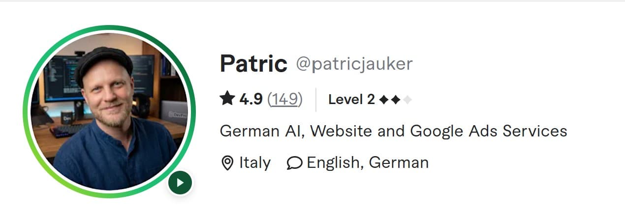 Fiverr Profil Patric Jauker mit 4,9 Sternen und 149 Bewertungen