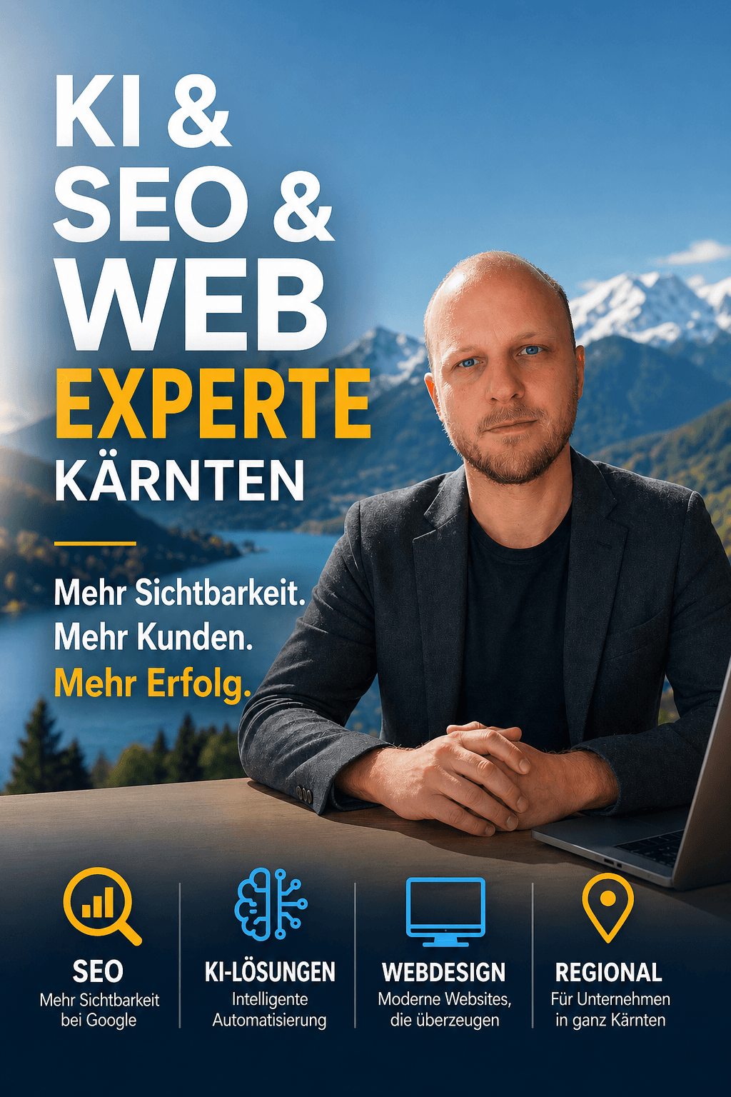 Klagenfurt als Wirtschaftsstandort mit hoher lokaler Konkurrenz und Symbolen für Webdesign, SEO und KI