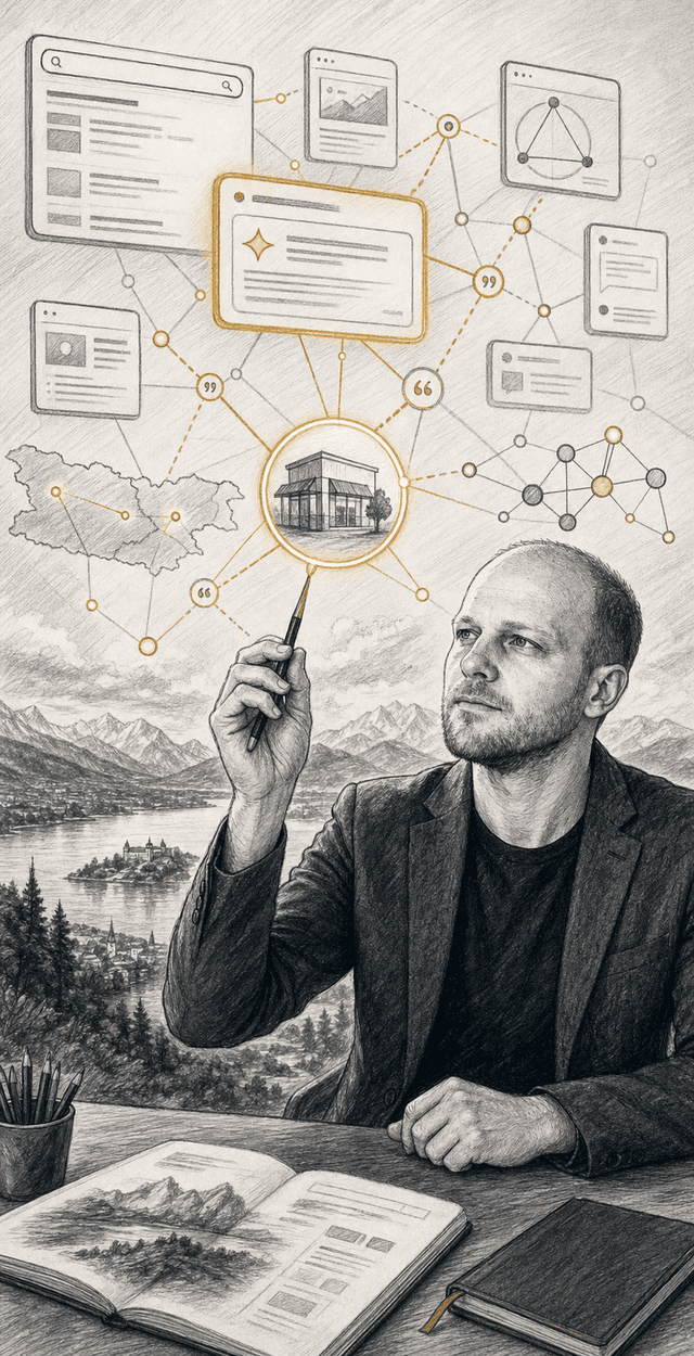 Handgezeichnetes Comic-Visual von Patric Jauker als GEO- und AEO-Stratege für KI-Zitate