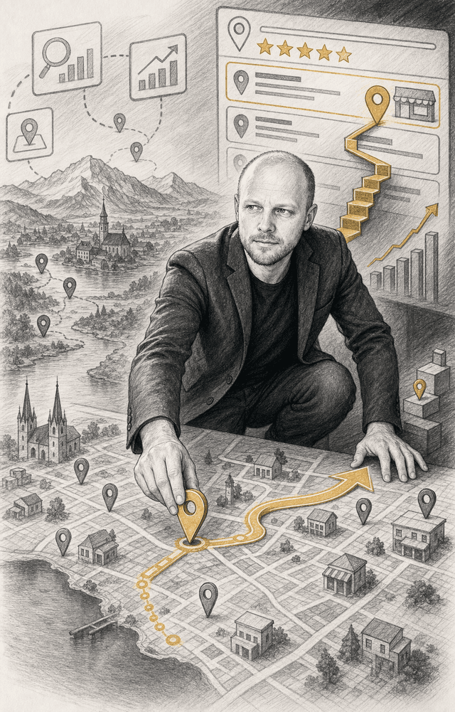 Handgezeichnetes Comic-Visual von Patric Jauker als Local-SEO-Navigator für Kärnten
